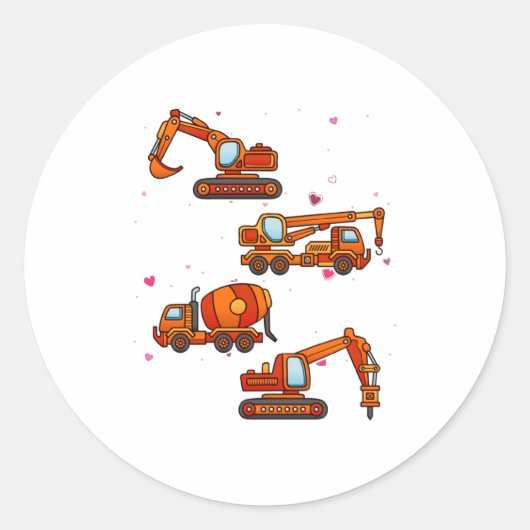 Sticker Rond Kids Valentines Day Construction Trucks Boys Kids (Devant)