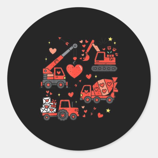 Sticker Rond Kids Valentines Day Construction Trucks Funny Boys (Devant)
