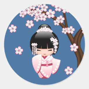 Sticker Rond Kimono rose Kawaii Kokeshi sur fond bleu
