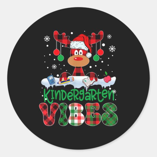 Sticker Rond Kindergarten Vibes Teacher Buffalo Plaid Reindeer (Devant)