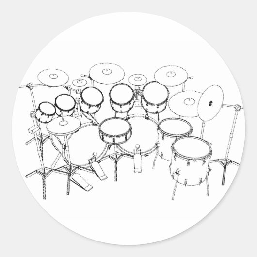 Sticker Rond Kit de tambour 10 pièces : dessin noir et blanc : (Devant)