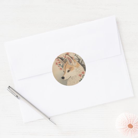 Sticker Rond Kitsune & cherry blossom (Enveloppe)