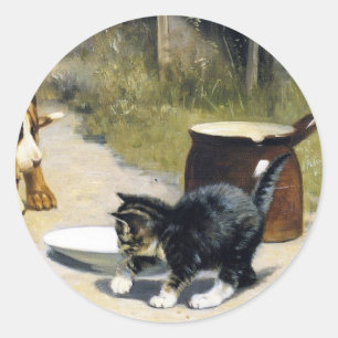Sticker Rond Kitten avec 2 chiots peinture vintage