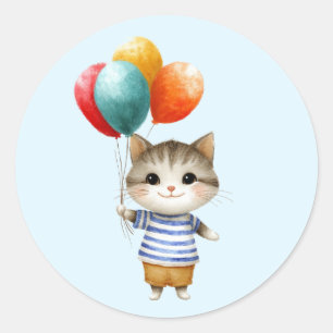 Sticker Rond Kitten avec ballons d'anniversaire Célébration d