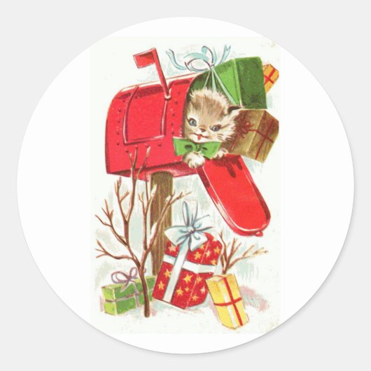 Sticker Rond Kitten de Noël dans une boîte aux lettres rouge (Devant)
