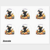 Sticker Rond Kitten d'Halloween noir avec Citrouilles et Casque (Feuille)