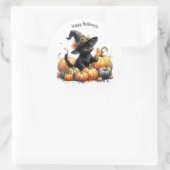 Sticker Rond Kitten d'Halloween noir avec Citrouilles et Casque (Sac)