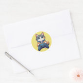 Sticker Rond Kitten Holding Game Controller Smiling Gamer Cat (Enveloppe)