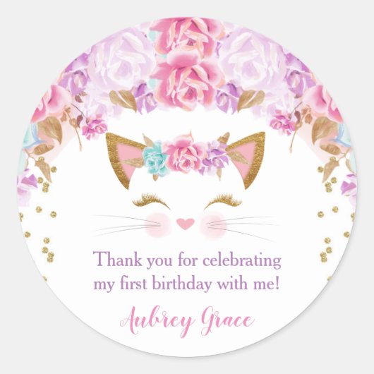 Sticker Rond Kitten kitty chat floral rose violet turquoise (Devant)