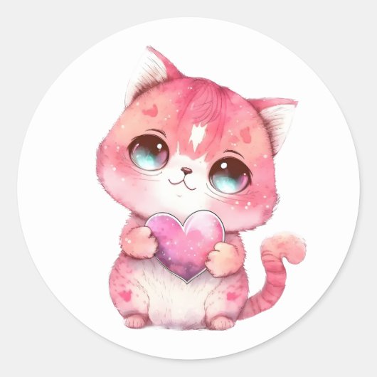 Sticker Rond Kitten Valentines Coeur rose Aquarelle Chat Love (Devant)