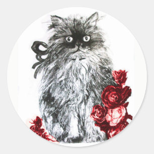 Sticker Rond KITTY CAT, CUISINE AVEC ROSES ROUGES Noir Blanc
