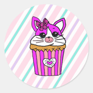 Sticker Rond Kitty Cat Cupcake Anniversaire