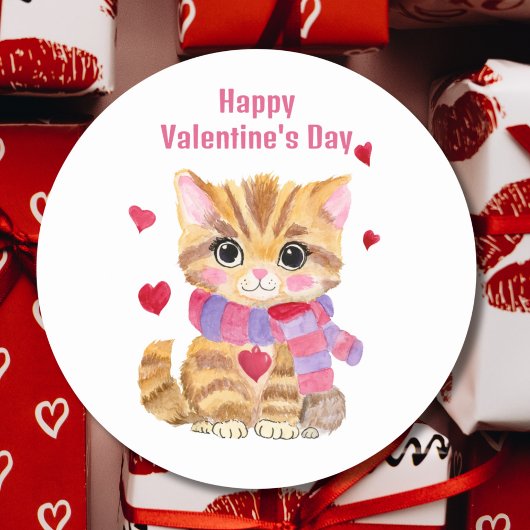 Sticker Rond Kitty de la Saint-Valentin à l'aquarelle