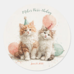 Sticker Rond Kitty Party d'anniversaire Chat Mignon Aquarelle