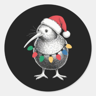 Sticker Rond Kiwi de Noël Chapeau de Père Noël Lumières Vacance