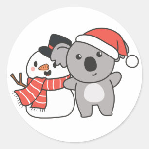 Sticker Rond Koala Avec Snowman En Hiver Pour Noël Classique