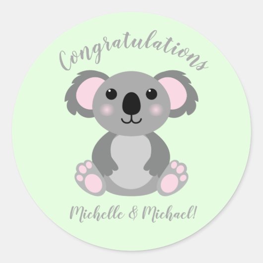 Sticker Rond Koala Bear Baby shower vert genre neutre (Devant)