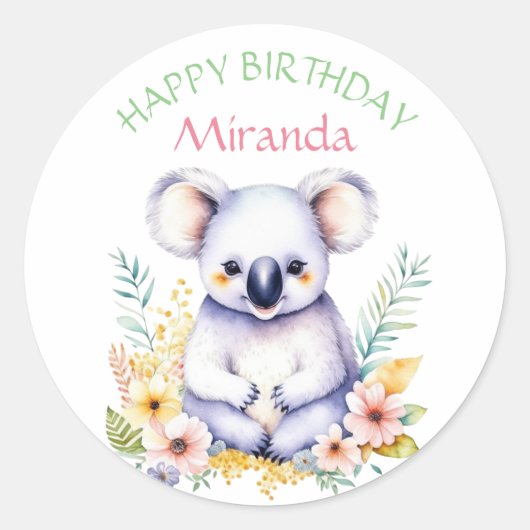 Sticker Rond Koala Bear Joyeux anniversaire de fille à thème (Devant)