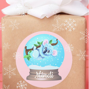Sticker Rond Koala ours mignon globe neigeux rose girly