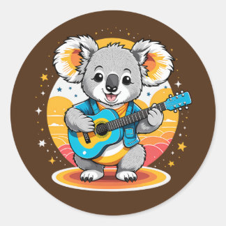 Sticker Rond Koala Strumming une guitare