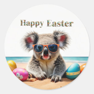 Sticker Rond Koala sur la plage avec oeufs de Pâques Joyeux Pâq