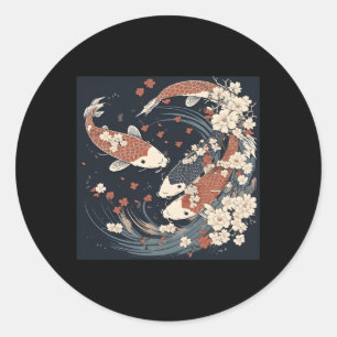 Sticker Rond Koi Poisson Pétales Cherry Blossom Aquarelle Japon