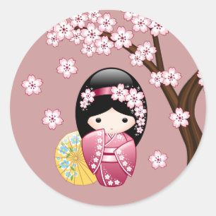 Sticker Rond Kokeshi Doll mignonne Geisha japonais en rose