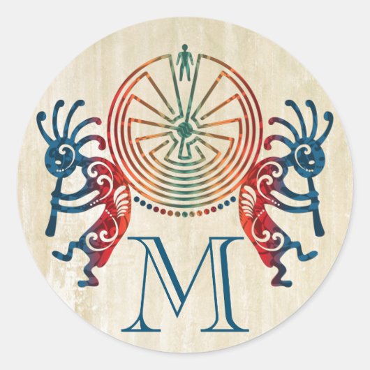 Sticker Rond KOKOPELLI / MAN IN THE MAZE + votre monogramme (Devant)