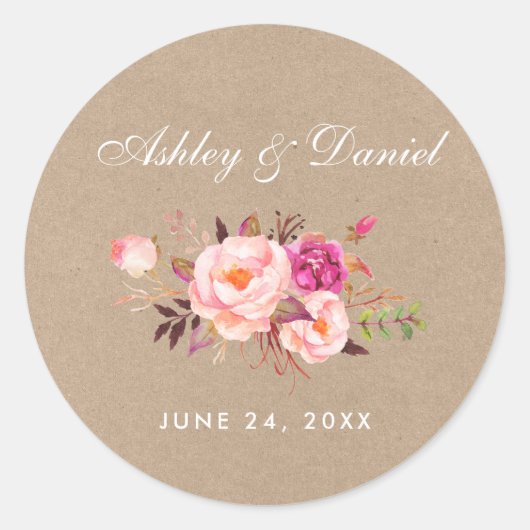 Sticker Rond Kraft Aquarelle rose Blush FlorMariage (Devant)