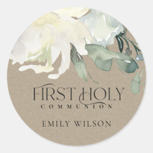 STICKER ROND KRAFT IVORY AQUA FLORALE BLANCHE PREMIÈRE COMMUNIO