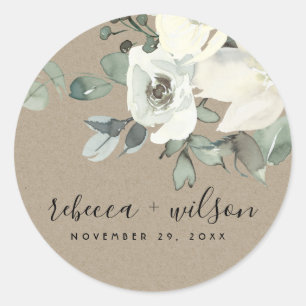 STICKER ROND KRAFT IVORY WHTE FLORAL WATERCOLOR BUNCH MARIAGE