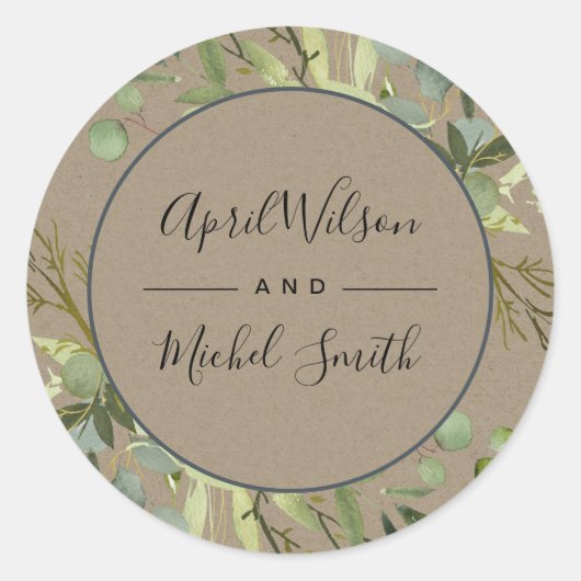 STICKER ROND KRAFT LEAFY GREEN GOLD FOLIAGE MARIAGE DE COULEUR  (Devant)