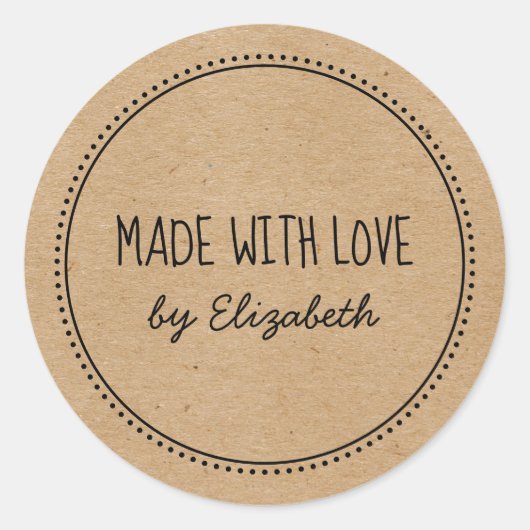 Sticker Rond Kraft Rustique Fabriqué Avec Amour, Écrit À La Mai (Devant)