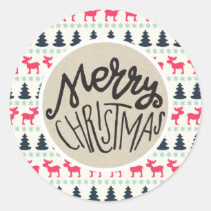 Sticker Rond Kraft Rustique Vacances Noël Cerf Arbre de Noël