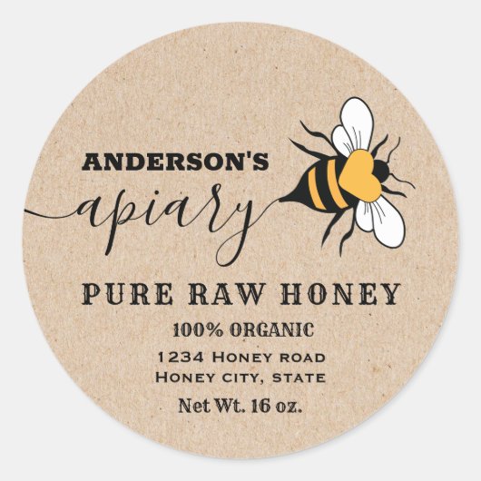 Sticker Rond Kraft script d'abeille cardiaque apiary miel étiqu (Devant)