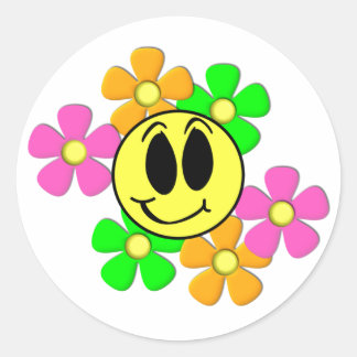 Sticker Rond KRW Retro Smile Face et Neon Flowers