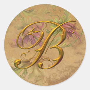 Sticker Rond KRW Vintage Floral Gold B Monogramme Mariage Seal