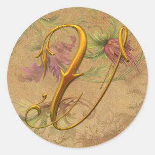 Sticker Rond KRW Vintage Floral Gold V Monogramme Mariage Seal