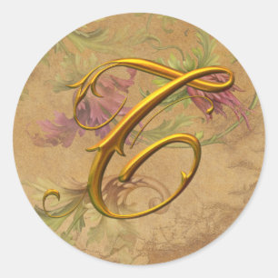 Sticker Rond KRW Vintage Floral Or T Monogramme Mariage Sceau