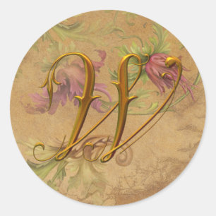 Sticker Rond KRW Vintage Floral Or W Monogramme Mariage Seal