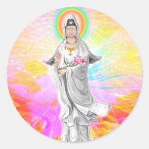 Sticker Rond Kwan Yin la déesse de la compassion avec le rose