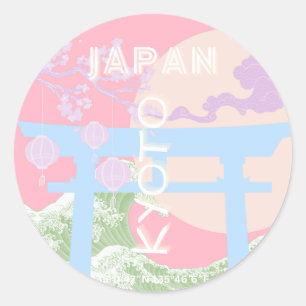 Sticker Rond Kyoto Japan Travel Art, Pink Pastel Travel Art