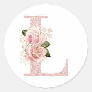 Sticker Rond L Monogramme Floral Pailleté Rose Doré Féminin