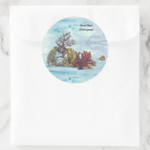 Sticker Rond La barrière de corail sous-marine peinte à la main