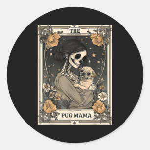 Sticker Rond La carte de tarot squelette Pug Mama Vintage Chien