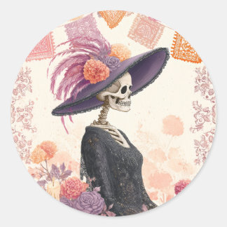 Sticker Rond La Catrina Skeleton Lady Day of Dead Decoupage
