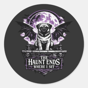 Sticker Rond La chasse se termine où je suis assis Pug Hallowee