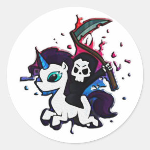 Sticker Rond La faucheuse sinistre chevauchant une licorne