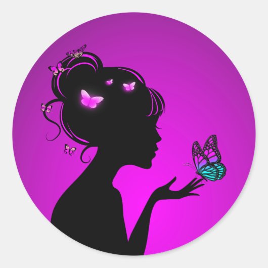 Sticker Rond La femme papillons violets (Devant)