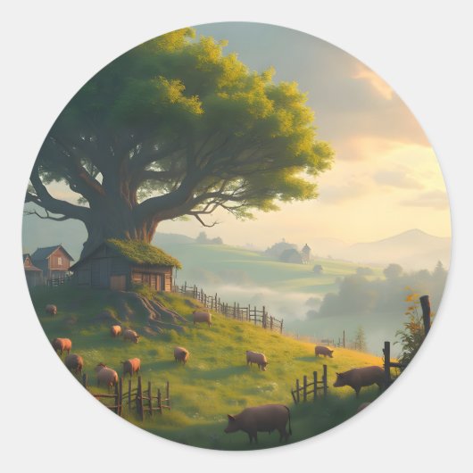 Sticker Rond La ferme tranquille – Paysage de ferme Classique R (Devant)